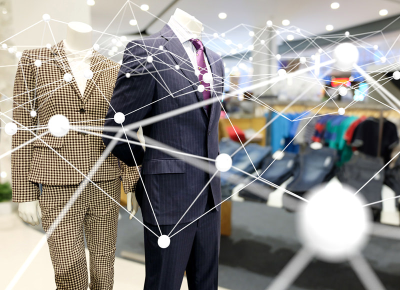 Smart retail , deep learning , neural networks and marketing concept. Atom connect with  retail flashion shop store background